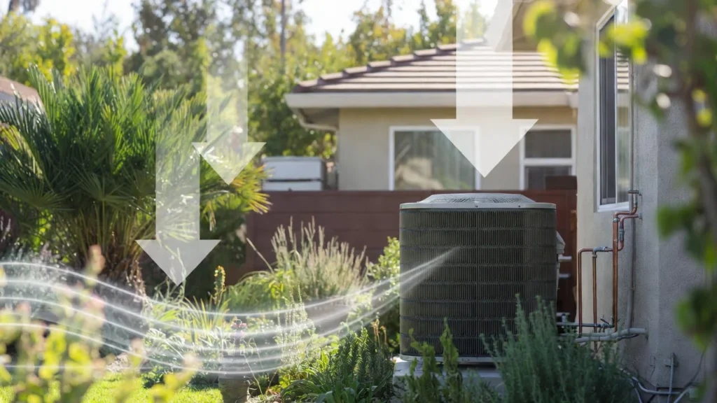 Welcoming Los Angeles backyard with a modern heat pump unit amid lush landscaping, featuring abstract downward arrows symbolizing reduced heat pump cost through rebates.