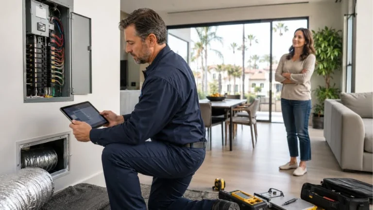 Technician conducting a pre-install electrical panel check for Heat Pump Installation in LA while the homeowner looks on.