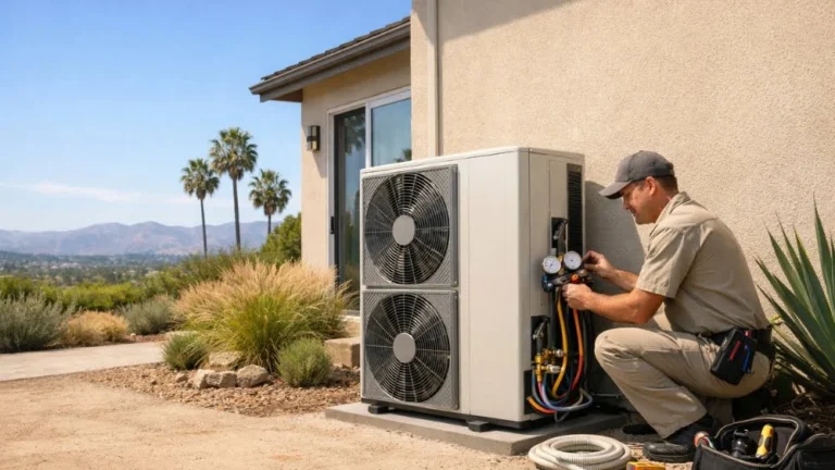 HVAC specialist completing a Heat pump installation in LA on a variable-speed heat pump unit under sunny California skies.