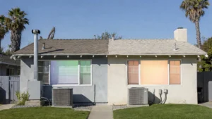Side-by-side view of two Los Angeles homes showing heat pump vs. central AC setups, with traditional furnace and AC on left causing uneven temperatures and modern heat pump on right for steady comfort.