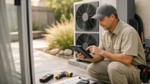 HVAC technician performing a heat pump consultation on an energy-efficient heat pump unit at a Los Angeles home.