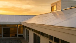 Sleek modern home in Los Angeles during golden hour sunset, showcasing energy-efficient design compliant with upcoming insulation codes and building standards.