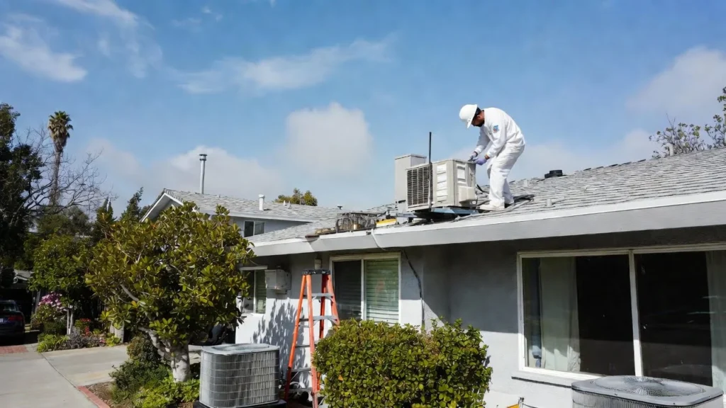 HVAC technician in protective gear performing precise AC installation on the roof of a Los Angeles-area home, with clear blue skies and palm trees emphasizing the best time for AC installation during ideal off-season weather.