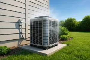 A well-maintained outdoor AC condenser unit on a concrete pad next to a modern home in Los Angeles County, CA, with faint vapor indicating cool, efficient operation under clear blue skies.