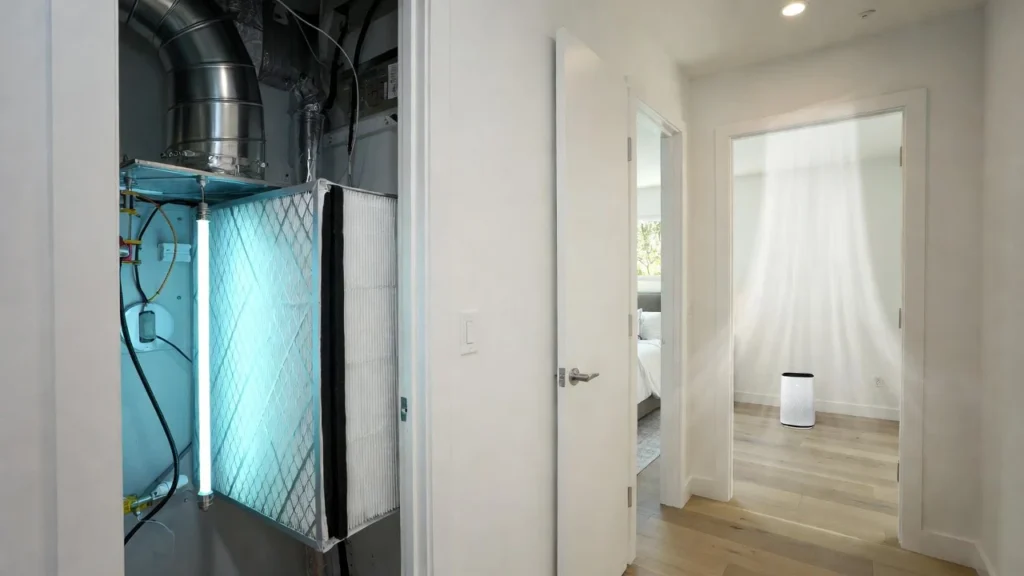 Professional HVAC system with UV light air purification technology and filter installation in Southern California home.