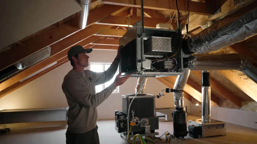 Skilled HVAC technician installing an indoor air handler in a clean home attic, with organized tools, ducts, wiring, and insulation, demonstrating precision in HVAC upgrades to meet California standards.