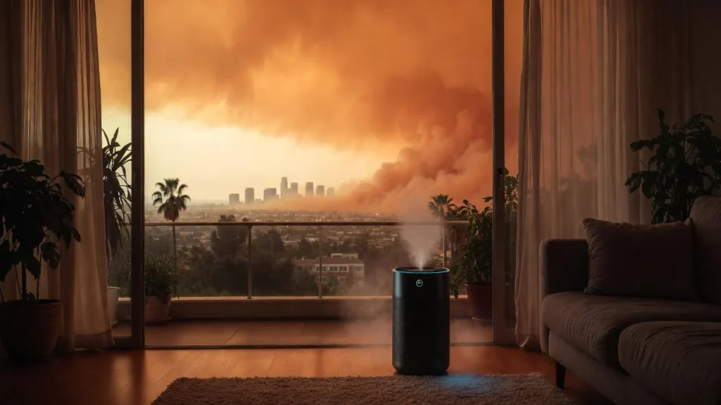 Modern Los Angeles living room featuring a portable air purifier that maintains pristine indoor air quality while thick orange smoke from a Los Angeles wildfire fills the sky outside.