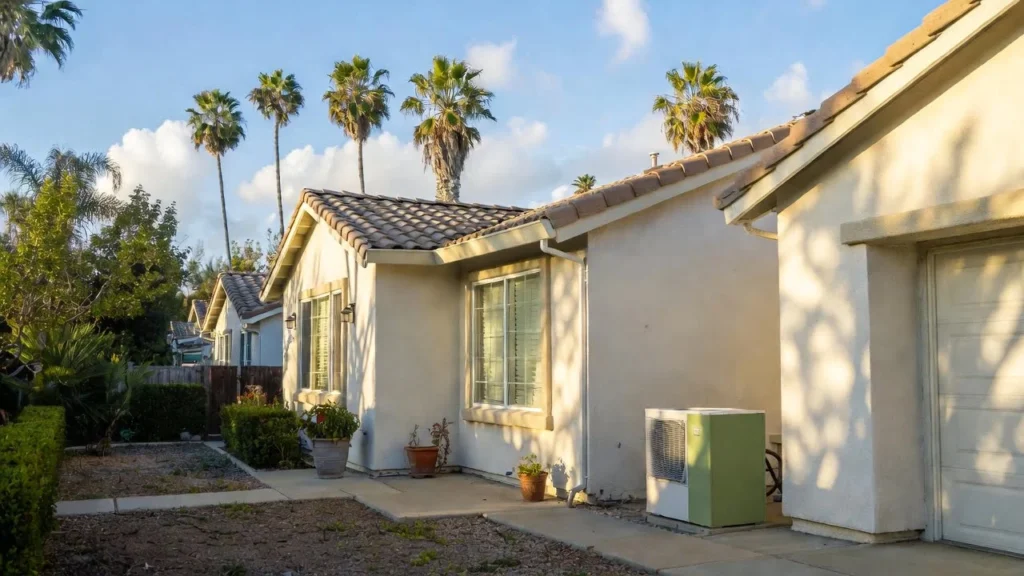 Bright Los Angeles suburban home exterior with palm trees and a sleek heat pump unit installed beside the house, illustrating seamless integration for mild climate efficiency.