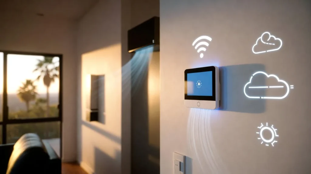 Modern LA home interior featuring a wall-mounted smart thermostat connected to a smart home heat pump, with Wi-Fi and cloud icons symbolizing automated HVAC efficiency and eco-friendly climate control.