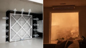 Split-view comparison of a clean MERV 13 filter in a Whole-home HEPA system on the left, contrasted with hazy orange smoke from a Los Angeles wildfire pressing against a window on the right.
