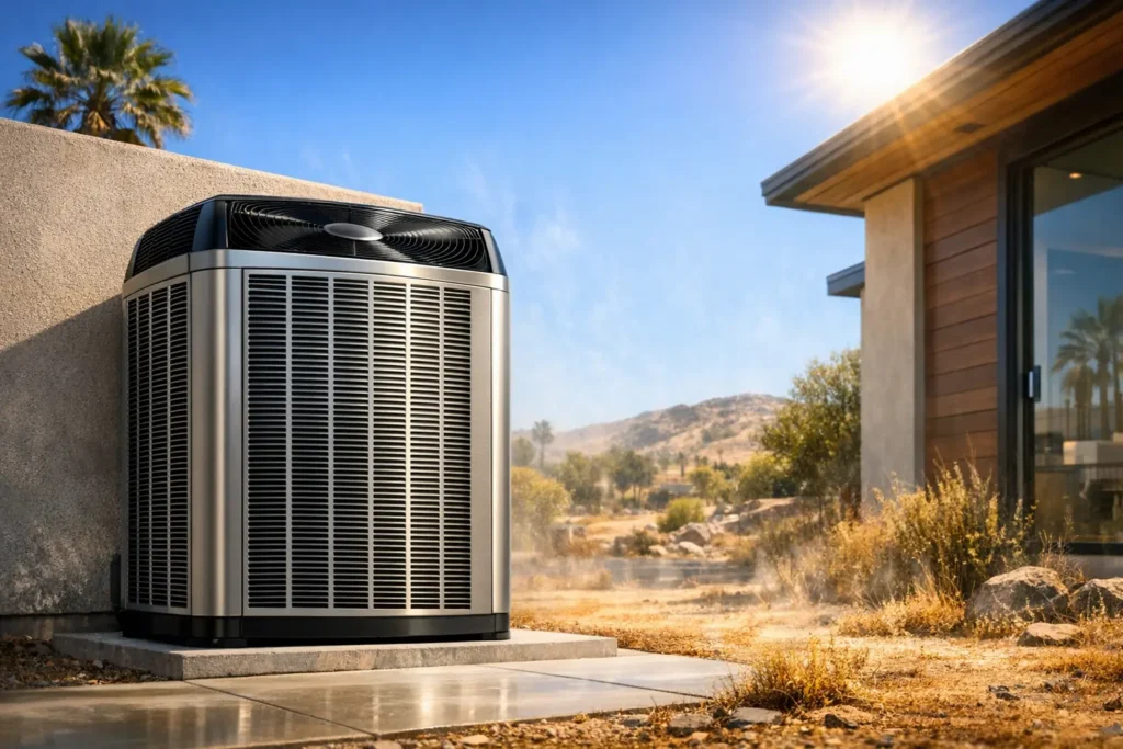 High-efficiency modern AC condenser unit operating under intense summer heat in the San Fernando Valley, illustrating factors affecting how long should an AC last.