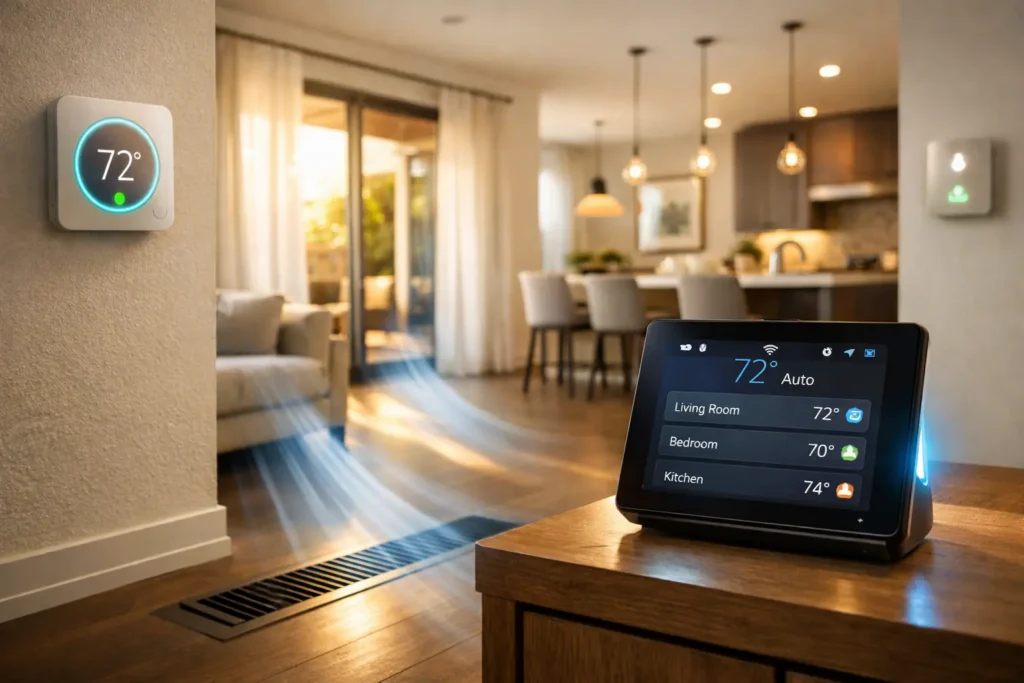Modern wall-mounted smart thermostat showing 72°F in a sunny Los Angeles living room during AI-enabled HVAC seasonal tune-up and smart system maintenance.