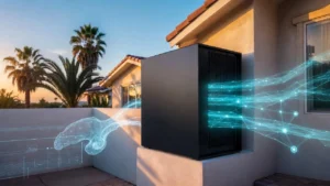 Contemporary outdoor AI heat pump installed on a Southern California home exterior at sunset, with digital neural network patterns and energy flows visualizing real-time predictive adjustments and optimization.