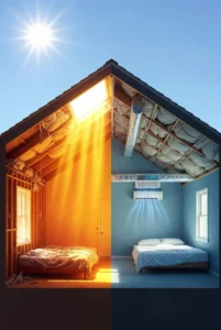 Cross-section of Los Angeles home attic comparing thin old insulation letting heat into a hot upstairs bedroom versus thick modern fiberglass and cellulose insulation with high R-value blocking heat and keeping the room cool with an efficient AC unit.