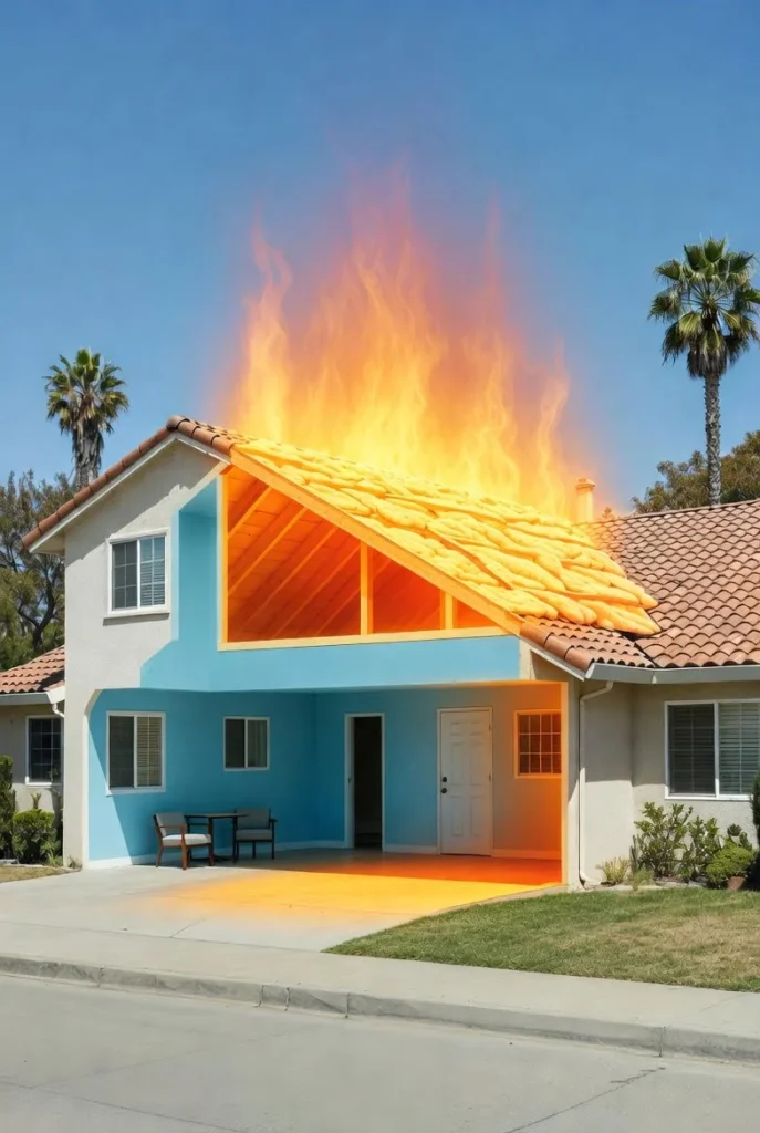 Los Angeles suburban home showing thick attic insulation as a thermal barrier blocking intense summer heat from the roof, keeping living spaces cool — attic insulation helps AC in Southern California.