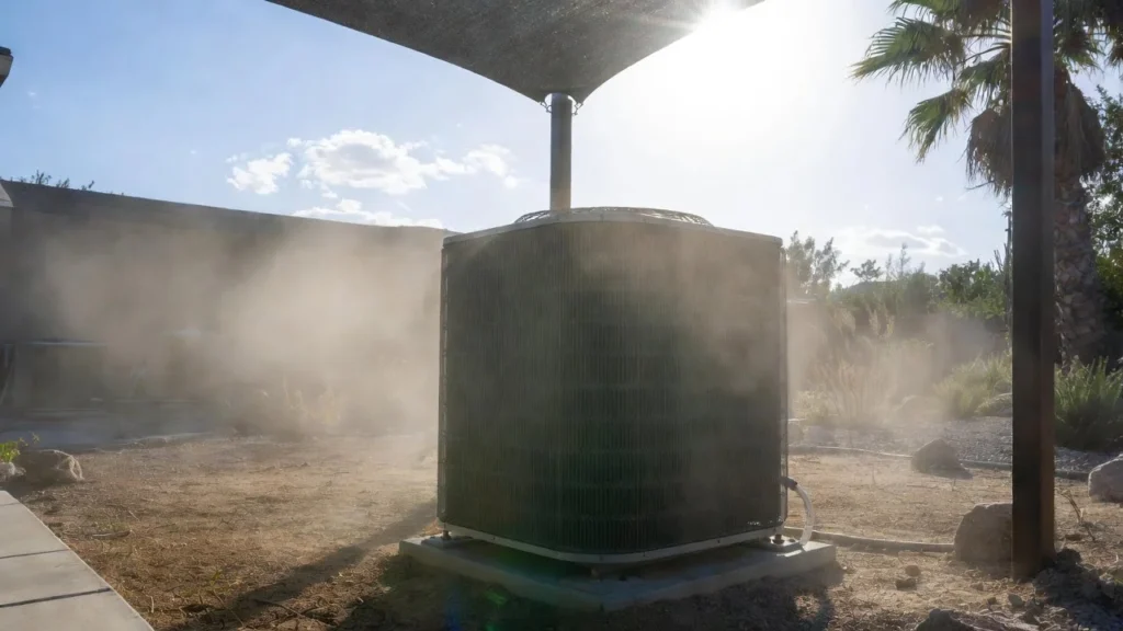 Heat pump under shade sail in sunny Southern California yard during heat wave, with palm trees and heat haze for extreme temp protection and durable heat pump.