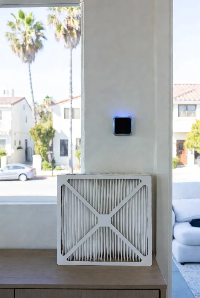 Pristine white pleated HVAC air filter on a wooden console table with a glowing smart thermostat in a bright modern Los Angeles home interior.
