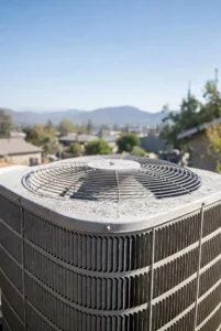 Modern heat pump with light ash buildup on coils after wildfire in Los Angeles area, highlighting heat pump protection and resilient HVAC maintenance needs.