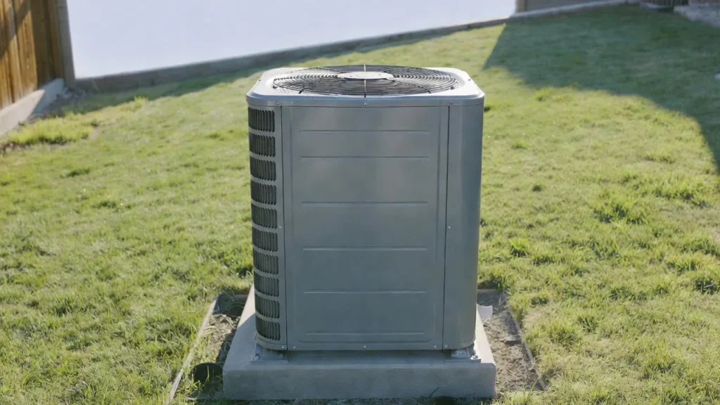 Gray heat pump elevated on concrete pad in Los Angeles backyard for flood protection, showing durable heat pump and resilient HVAC setup.
