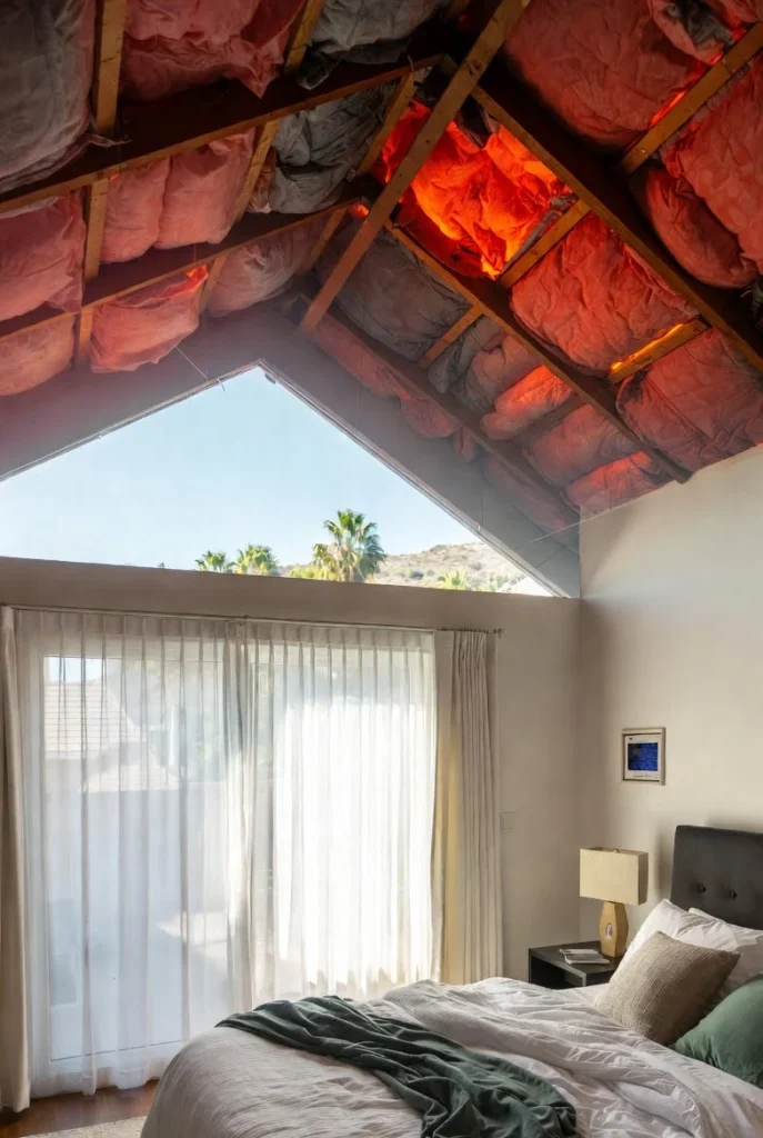 Homeowner relaxing in a cool upstairs Los Angeles bedroom on a hot day, with thick fluffy attic insulation blocking extreme attic heat above, modern AC in standby mode, and comfortable thermostat reading.