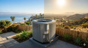 Modern AC outdoor condenser unit in a Los Angeles suburban backyard highlighting coastal and inland microclimates affecting AC unit lifespan.