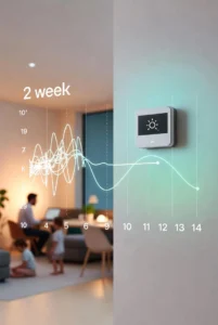 Modern smart home thermostat with 2-week learning timeline showing chaotic to smooth temperature curves, family in open-plan home.