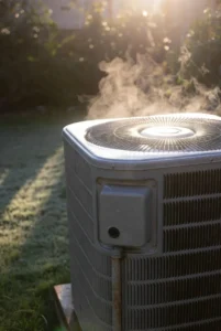 Cinematic close-up of a modern outdoor heat pump releasing a wispy plume of water vapor during the defrost cycle at golden sunrise in Southern California.