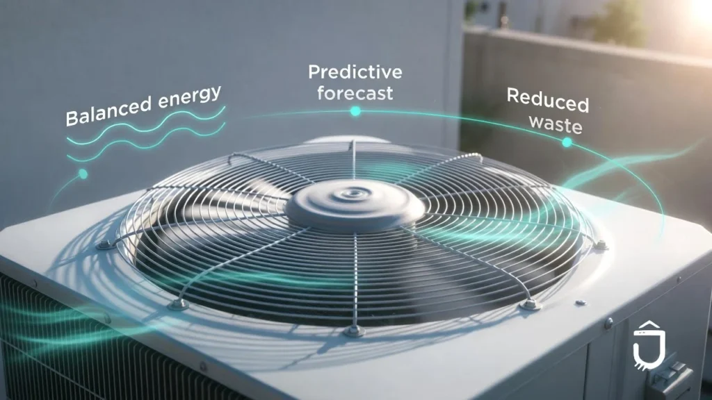 Variable-speed heat pump unit with subtle cyan digital overlays illustrating balanced energy, predictive forecast curves, and reduced waste for up to 25% efficiency gains through machine learning HVAC technology.