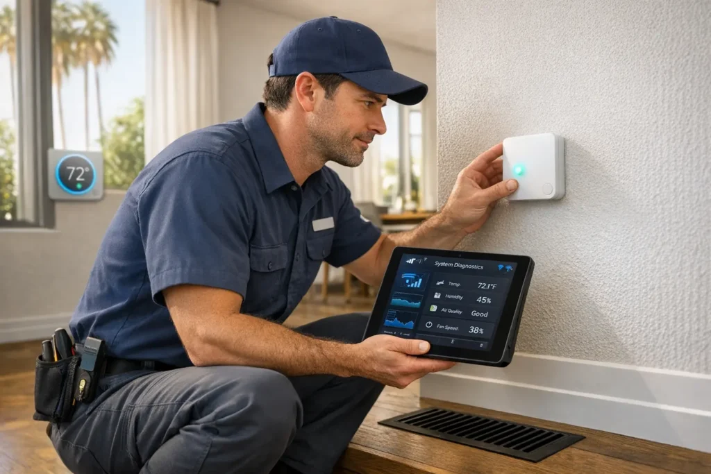 HVAC technician performing smart system maintenance on AI-enabled thermostat in Los Angeles home, using diagnostics tablet for predictive tune-ups.