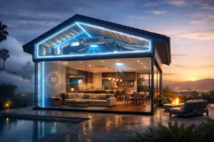 Stylish Los Angeles home at dusk with transparent overlay showing smart insulation and smart HVAC system adapting to coastal fog and Valley heat microclimates.