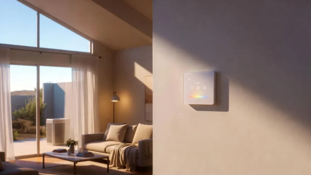 Bright modern Southern California living room with wall-mounted smart thermostat connected to AI heat pump, showing even temperature distribution and natural light for optimal home comfort.
