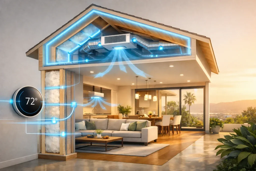Cross-section of a modern Los Angeles home showing smart insulation in walls and attic connected to a smart thermostat and HVAC system with glowing energy-efficiency lines.