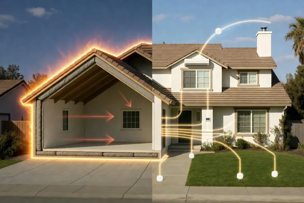 Split-view comparison of a suburban Los Angeles home: poor insulation with high heat loss on the left versus excellent smart insulation and smart HVAC systems with sensor connections on the right.