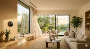 Elegant round smart thermostat at 72° in bright Southern California living room, highlighting benefits of AI HVAC tune-up Los Angeles and predictive maintenance.