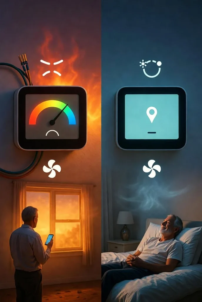 Split image comparing wrong smart thermostat setup (aggressive swings, high bill) versus optimized energy efficient thermostat use.