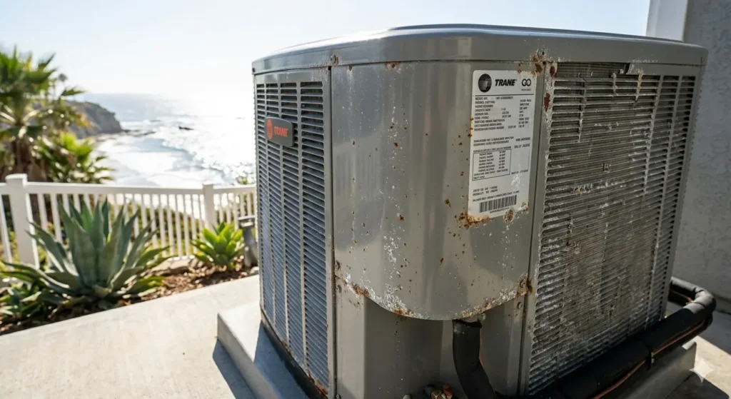 Close-up of corroded air conditioner outdoor unit fins due to salt air exposure near the Los Angeles coast, showing impact on AC unit lifespan.