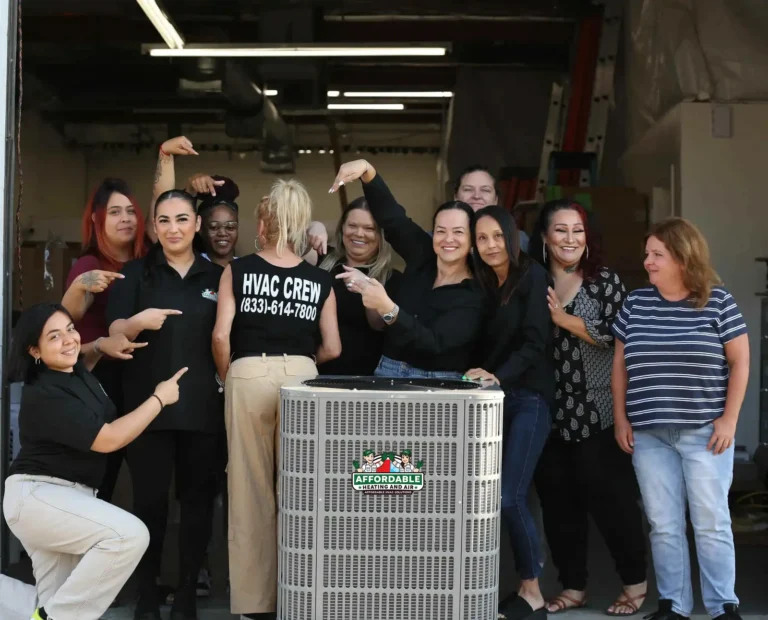 Affordable Heating and Air office staff posing around an outdoor HVAC unit, with “HVAC Crew” shirt.