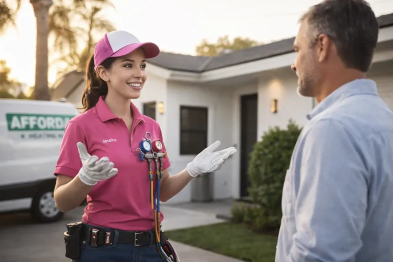 Tech from honest HVAC company explains to homeowner in Southern California, example of trustworthy HVAC contractor Los Angeles communication.