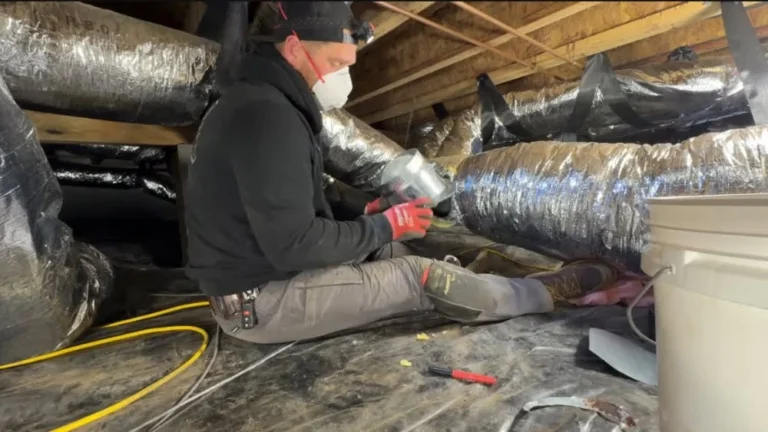 HVAC technician performing duct repair and replacement in Los Angeles crawl space.