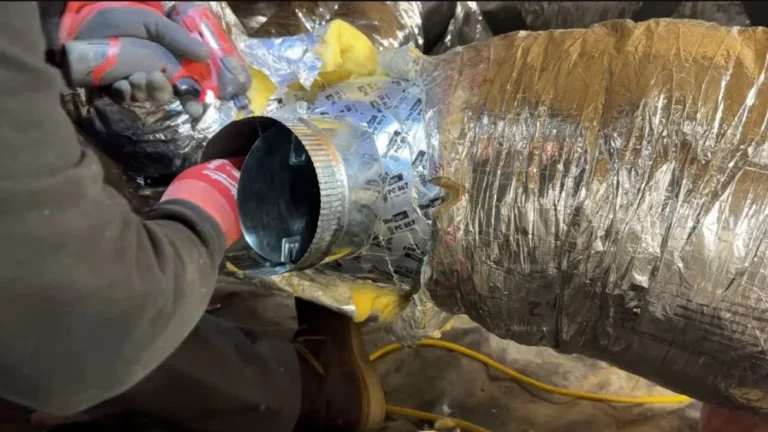 HVAC technician replacing damaged duct section during duct repair service.