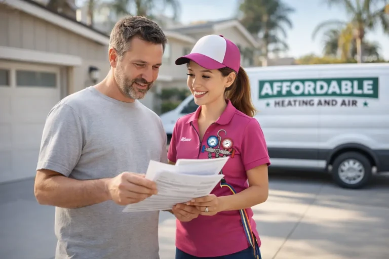 Homeowner reviews documents with tech from trustworthy HVAC contractor Los Angeles in front of van – key to how to choose an HVAC contractor.