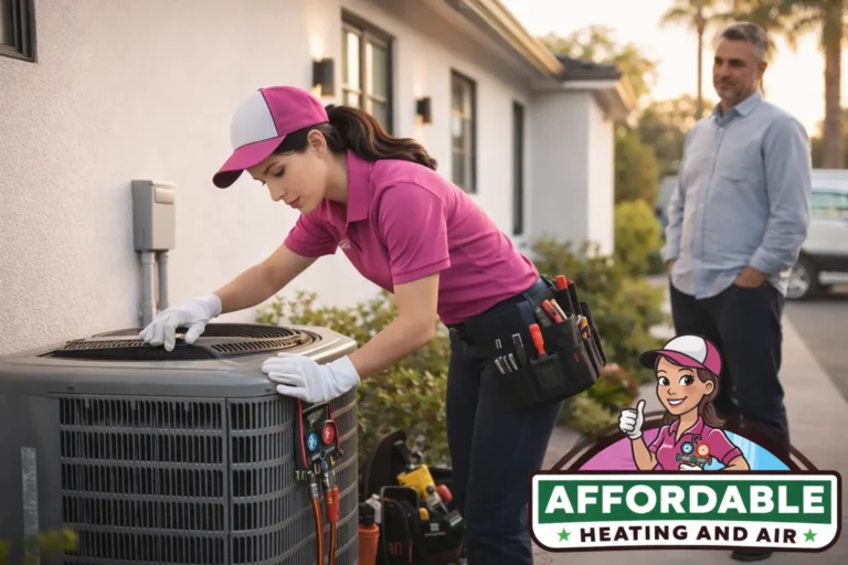 Female tech from an honest HVAC company checks the AC unit as the homeowner observes in Los Angeles yard, representing trustworthy HVAC contractor Los Angeles.