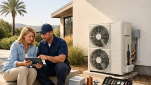 LA HVAC contractor and homeowner review AC replacement cost and financing details on a tablet next to a new outdoor air conditioning unit.