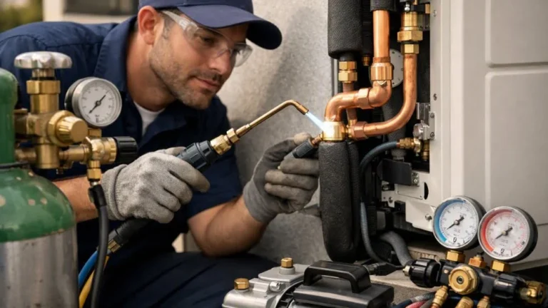 Certified HVAC technician performs precise brazing during AC replacement, illustrating the skilled labor that factors into how much does AC replacement cost in Los Angeles.