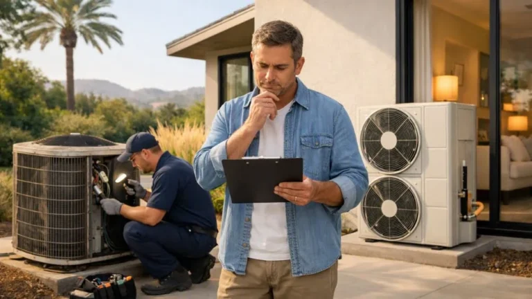 Homeowner considers repair or replace AC decision while an HVAC technician services an older unit next to a new dual-fan condenser in Los Angeles.