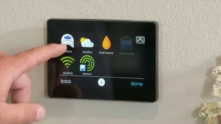Smart thermostat menu showing heat source, service, weather, and zone options for dual fuel heating system Thousand Oaks.