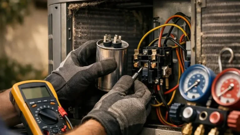 Close‑up of gloved hands replacing a run capacitor and inspecting a contactor inside an outdoor AC condenser cabinet, with multimeter and gauges nearby.