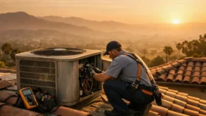 HVAC technician safely accessing a rooftop air‑conditioning unit on a San Fernando Valley home during golden hour, with hazy hills and Los Angeles skyline in the distance.