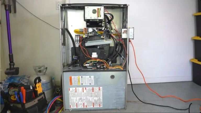 Open gas furnace cabinet with blower wheel, wiring, and gas valve during furnace repair Oxnard.