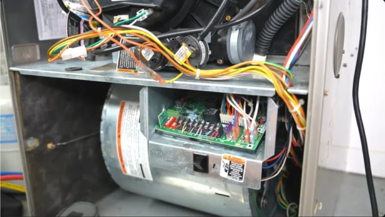 Furnace blower motor and green control board with wiring harness during furnace service Oxnard.